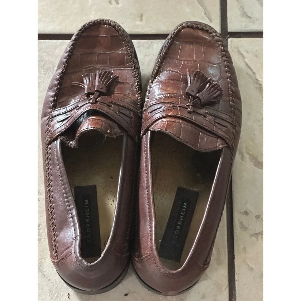 Florsheim Brown Leather Tassel Loafers Crocodile Pattern Classic Dress Shoes